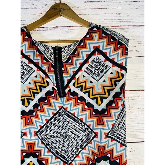 BeBop Dress Womens Large Shift Tunic Aztec Tribal Bold Print Sleeveless Back Zip - Picture 8 of 12
